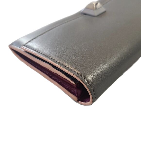Fendi (Authentic) Gray Leather FF Baguette Long Fold-over Wallet w/ Pink Trim - Picture 3 of 12